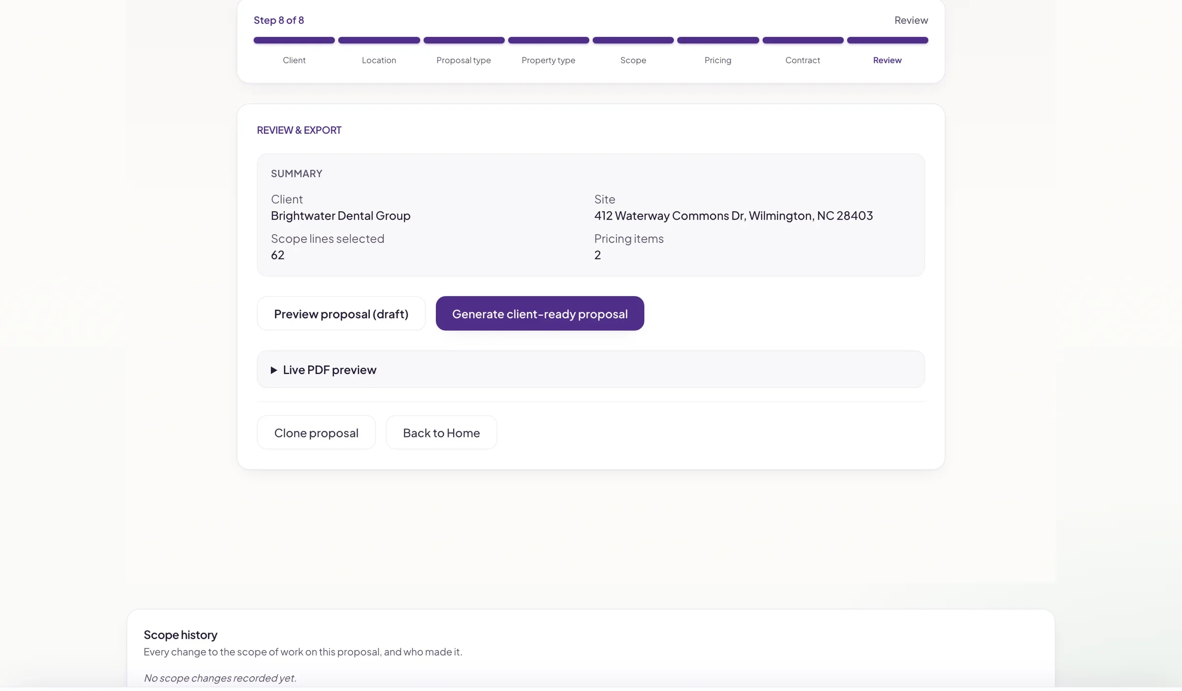 Proposal review step with client summary and buttons to preview the draft or generate the client-ready PDF