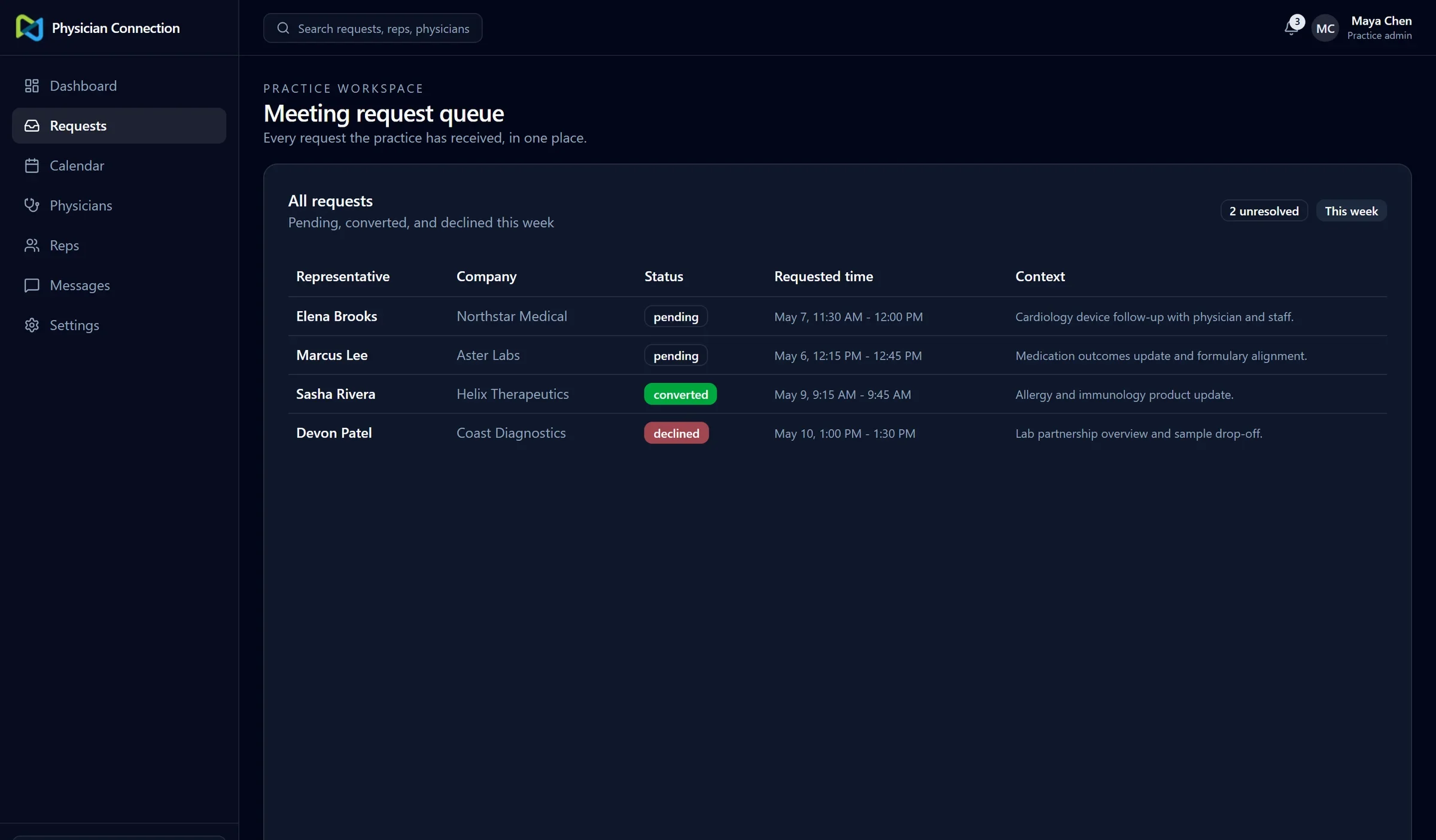 Practice meeting request queue showing representatives, companies, status, and requested times