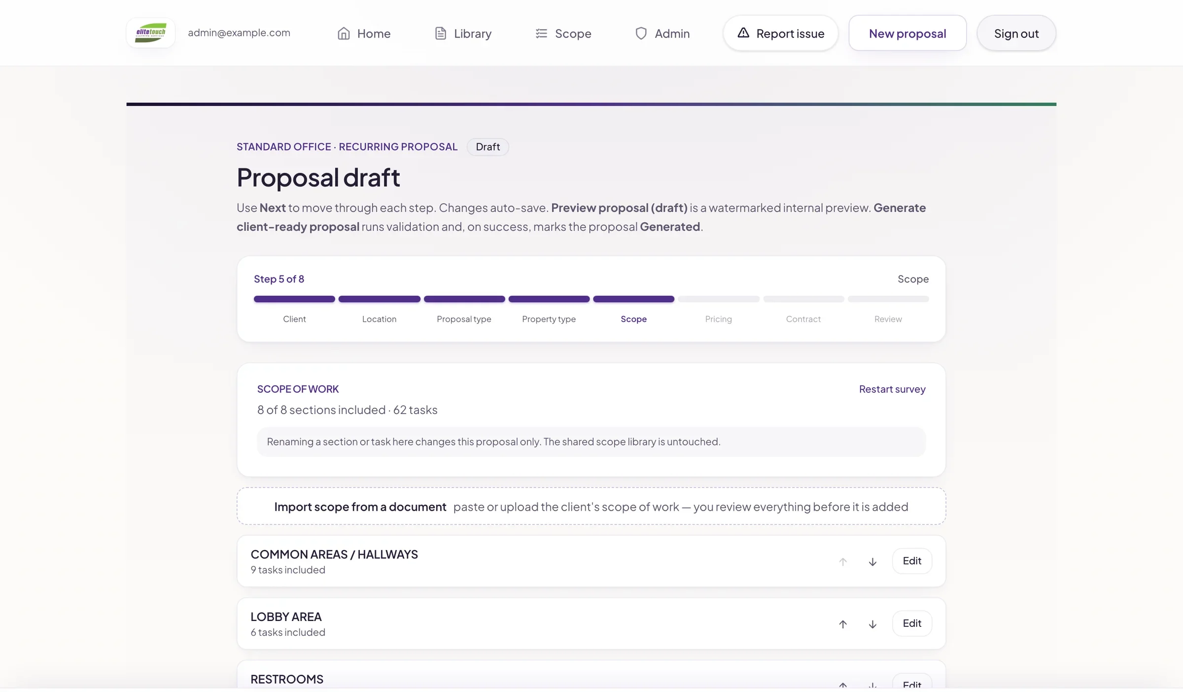 Proposal draft wizard on the scope step, with areas, room counts, and tasks
